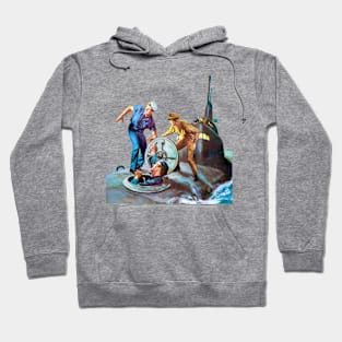 Deep Sea Terror: Startled Sailors and the Submarine Hatch Door Abyss Retro Vintage Comic Hoodie